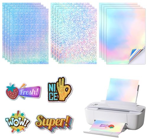 VEPEPE 12 Sheets Holographic Printable Vinyl Sticker Paper A4 with 3 Type, Iridescent Holographic Printer Sticker Paper, Waterproof Self Adhesive Vinyl Printable for Printer, Cricut