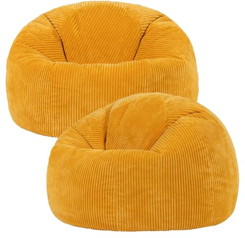 icon Kingston Cord Bean Bag with Filling Included, Set of 2, Yellow | Made in the UK, Adult Beanbag, Comfy Chair, Soft Corduroy Fabric, Floor Chair For Lounge and Bedroom