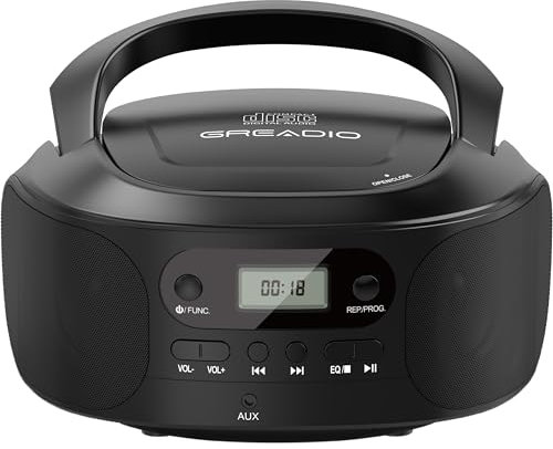 Greadio Boombox CD-spelare, Boom Box bärbara CD-spelare för hem, kompatibel med CD, CD-R, CD-RW, stöder AUX, DC-laddning/batteridriven