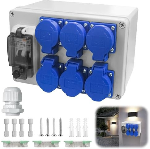 Répartiteur de courant de chantier 16 A 230 V - Avec répartiteur de courant fort FI - 6 prises - Disjoncteur de puissance - Étanche IP65 - Pour pièces de construction intérieures et extérieures -