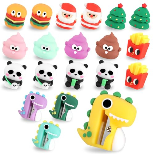 LWMTT 20 Piezas Sacapuntas con Deposito para Niños Sacapuntas Animados Multicolor - Ideal para regalos cumpleaños niños colegio, Colegio y Fiestas - Mini Afilalápices Seguros para Niños 5-12 Años