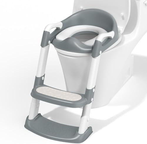 Potty Training Toilet with Step Stool Ladder, Toddler Kids Potty Training Seat for Boys Girls, Foldable Anti-Slip Toilet Toddler Seat Splash Guard Soft Cushion Safety Handles (Grey)