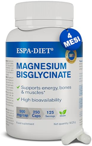 Magnesio Bisglicinato - 500 mg per Capsula - Magnesio Elementale - Vegan - Complesso Alta Biodisponibilità, Vegano - 250 Capsule