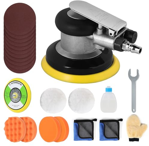 SWAWIS 125mm Lijadora Orbital Neumática, 12000RPM, Excentricidad 5 mm, Accesorios Completos, Lijadora Excéntrica de Aire Comprimido para Lijar y Pulir Superficies de Automóviles Madera y Metal