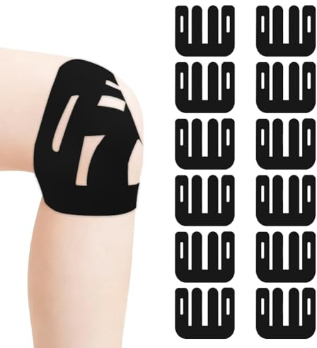 12 stycken kinesiotejp förskurna för knän, vattentät kinesiologitejp för sport och knäsmärta, knäband, hudvänlig fysiotejp, ger stöd och stabilitet för musklerna (svart)