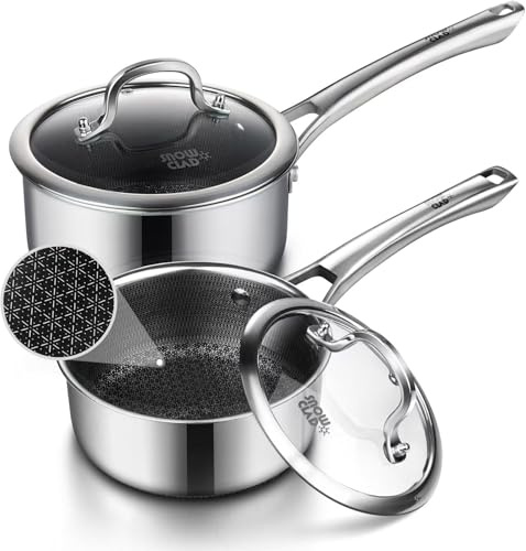 Kastrull i rostfritt stål 16 + 18 cm med lock, non-stick kastrull, kastruller, induktion, värmebeständigt handtag, kastruller för alla typer av spisar, ugns- och diskmaskinssäker, PFOA-fri
