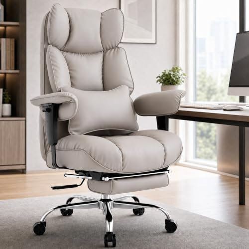 Efomao Office Chair with Footrest, High Back Executive Desk Chair, PU Leather Swivel Computer Chair with Lumbar Support Pillow, Padded Armrests, Adjustable Home Office Chair, Grey