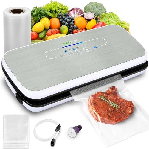 NutriChef Food Vacuum Sealer Machine - Automatic Air Sealing System for Dry & Moist Foods, LED Touch Controls, Includes Vacuum Bags, Hose & Wine Stopper, High Suction Power, 14x6x3, Silver