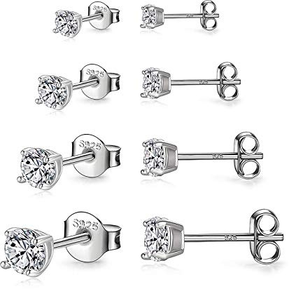 925 Sterling Silver Stud earrings Set White Gold Plated Hypoallergenic Stud Earrings Cubic Zirconia Stud Earrings for Women (3mm，4mm，5mm，6mm)