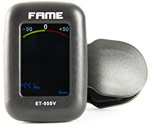 Fame ET-05SV Clip-on Tuner für Streichinstrumente, Präzises Stimmgerät, LC-Display, Violine, Viola, Cello, Bass, Chromatische Modi, 360° Schwenkbares Clip-Gelenk, Kammerton A 430-450 Hz
