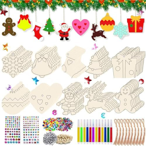TUIBEIDAMAI Holzanhänger Bastelset Weihnachten, 354PCS Holzanhänger Christbaumschmuck, Ornamenten für Weihnachtsbaum, Holz Weihnachtsdeko Anhänger, Baumschmuck Basteln Weihnachten Kind