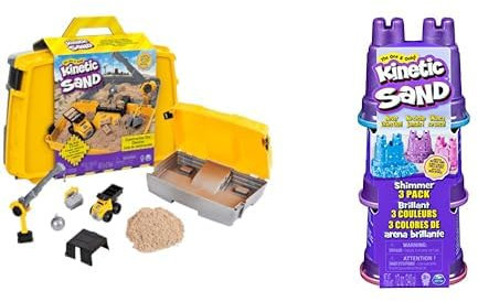 Kinetic Sand Baustellen Koffer - mit 907 g magischem Schweden, Baustellenfahrzeug und Zubehör für Indoor-Sandspiel, ab 3 Jahren & Schimmer Sand 3er Pack 340 g - 3 Farben Glitzersand, ab 3 Jahren