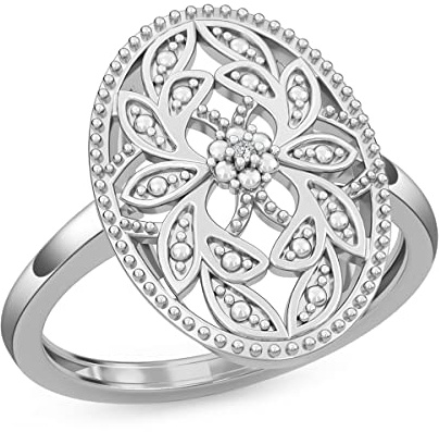 TJC White Diamond Floral Ring Sterling Silver Rings for Women | Engagement Rings Women with Platinum Plated Ring | Promise Rings for Couples | April Birthstone, Size O