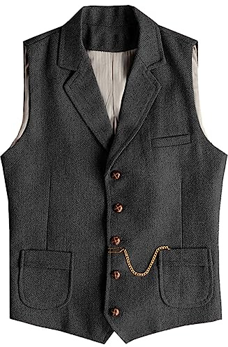 AeoTeokey Men's Western Herringbone Tweed Suit Vest Wool Slim Fit Waistcoat
