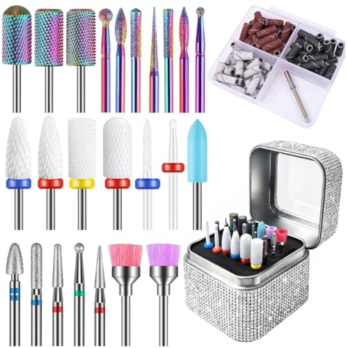 Depvko 25-teiliges Nagelbohrer Fräser Bits Set mit silbernem Halter & 50pcs Schleifbändern, Wolframkarbid Keramik Diamant Nagelfräser Aufsätze Bits, 3/32'' Entfernen von Acryl Poly Nagelgel Nagellack