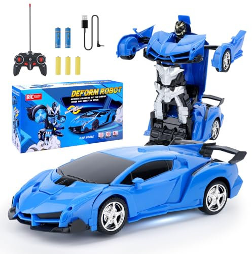 Voiture Télécommandée 2 en 1 Robot Transformable, Jouet Enfant 3-12 Ans, Cadeau Noël et Anniversaire pour Garçon Fille (Blue)