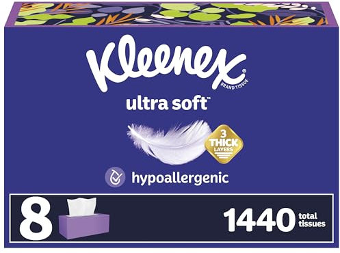 Kleenex Ultraweiche Gesichtstücher, 8 flache Boxen, 180 Taschentücher pro Box, 3-lagig, Verpackung kann variieren