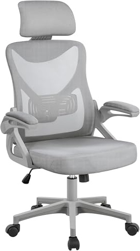 Yaheetech Sedia Ufficio Ergonomica con Braccioli Poggiatesta Regolabile Schienale Alto Funzione Dondolo Poltrona Scrivania Girevole in Rete Traspirante con Supporto Lombare Grigio Intero