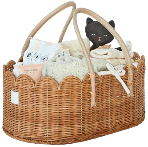 BEBE BASK Premium Baby Diaper Caddy Organizer - Handmade & Award-Winning Scalloped Rattan Basket - Luxury Diaper Caddy Basket - Elegant Scalloped Edge (Mocca)