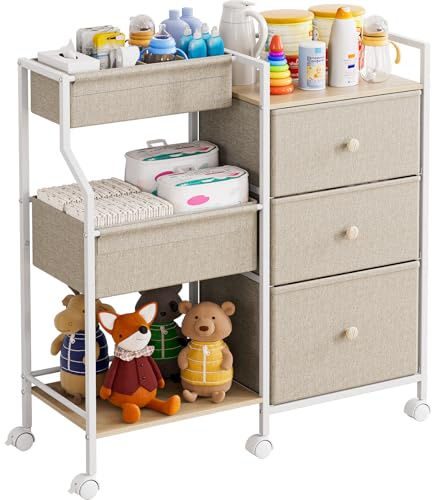Modanais Baby Organizer and Storage - 3 Tier Rolling Cart with Dividers and Drawers, Easy To Assemble, Mobile Utility Cart with Wheels for Nursery, Bedroom, Changing Table & Crib,Off White