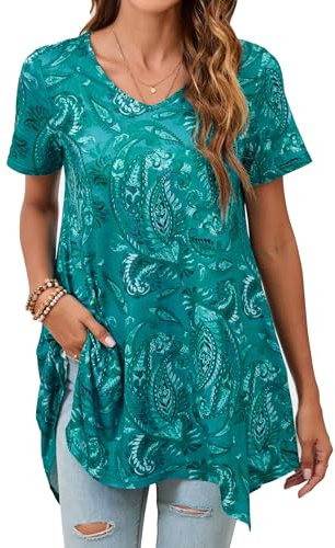 Enmain Maglietta Donna Tunica Manica Corta Estiva Maglia Tunica Scollo V Top Maglia Blusa Lunga Longline Donna con Stampata Floreale per Estate Vacanze Beach,Verde,3XL