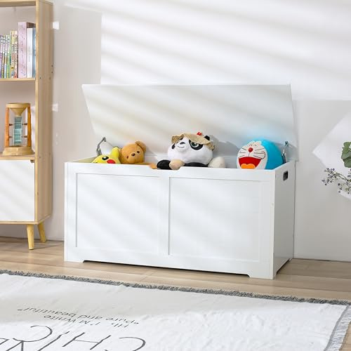 Duffy Wooden Toy Box Kids Bench and Storage Chest with Flip Top Lid, 2 Safety Hinges & Handles, Farmhouse Style Organizer for Toys, Clothes, Books (White)
