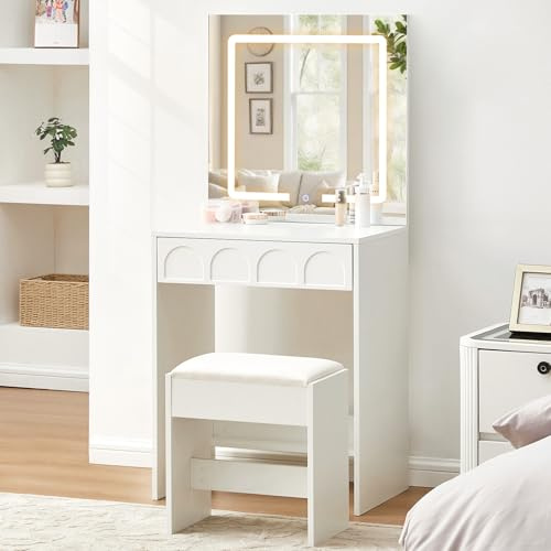 LEMROE Dressing Table with Rectangular LED Mirror and Stool, Compact Small Vanity Table Set with Vacuum-Formed Drawer for Small Spaces, White Makeup Desk for Bedroom, Modern (White - Square Mirror)