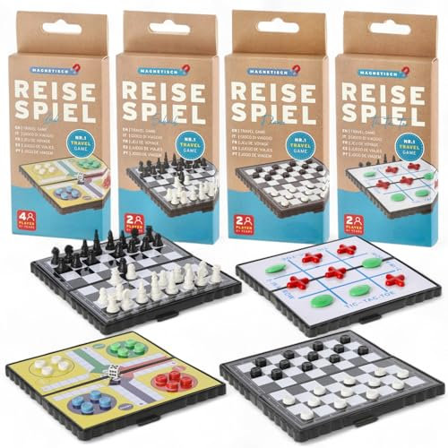 MIJOMA Reisespiel Set 4-in-1 – Magnetisch | Schach, Dame, Ludo, TicTacToe | Kompakt & faltbar | Für 2–4 Spieler | Reisespiele für Kinder & Erwachsene | Maße 13x13 cm
