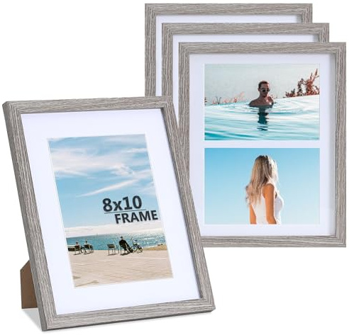 LYYYYX 10x8inch Frame Grey Wood,with Mat,Nonreflective Acrylic Glass 4pk | Lightweight picture frame,matted for 7x5in &6x4in photo horizontal&vertical to hang,Tabletop ,for Landscape,Puzzle,collage