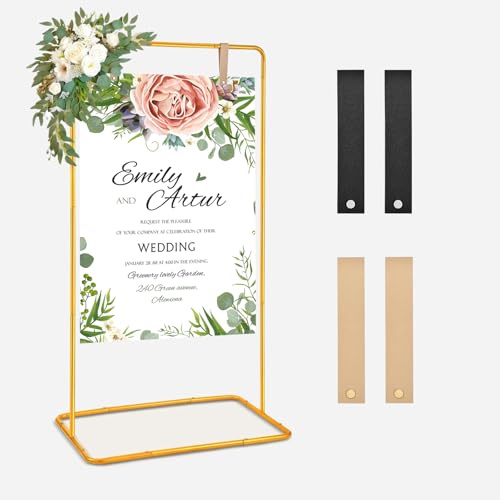 YBIETH Supporto per cartelli nuziali, 173 x 80 x 50 cm Supporto per poster di matrimonio regolabile, con 4 cinghie in pelle, adatto per tabelle dei posti, ricevimenti, poster e decorazioni (Oro)