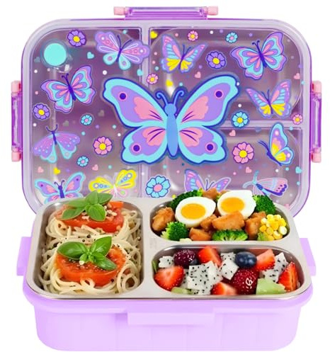 PinkSheep Stainless Steel Bento Lunch Box for Kids, 800ml/27oz BPA-Free Leak-Proof Children Food Containers with 3 Compartments, School Students Daycare Lunches/Snack Container (Butterfly)