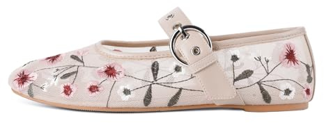 Mesh Ballet Flats for Women Embroidered Floral Ballerina Flats Buckle Strap Round Toe Slip on Mary Jane Flats Comfortable Office Casual Shoes Nude,8