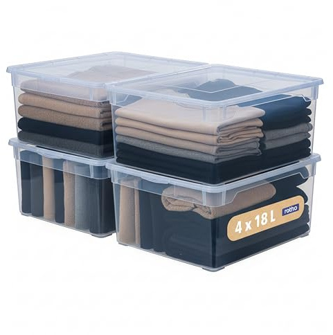 Rotho CLEAR Box - Juego de 4 cajas de almacenaje (18 L, con tapa, apilables, 40 x 33,5 x 17 cm), color azul transparente