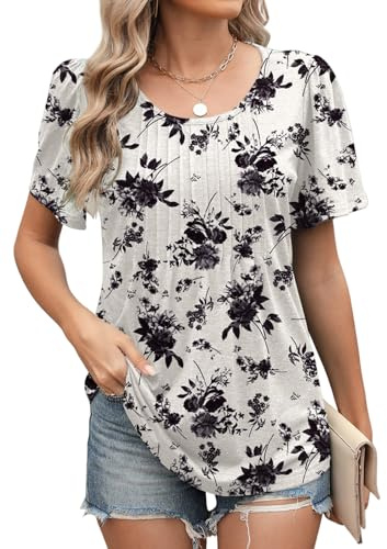 Blusa Mujer Manga Corta Estampado Floral - Camiseta Mujer Verano Cuello Redondo | Tunica Casual Elegante y Top Vintage para Diario y Campus