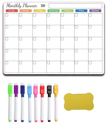 LOLANIUT Magnetischer Monatsplaner Abwischbar 42 x 30 cm, Whiteboard Monatskalender für den Kühlschrank, Familienplaner Memoboard mit 8 Stiften und Radierer, Wiederverwendbare Magnettafel für Büro Sch