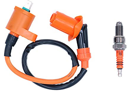 ANCLLO Bobina de Encendido de Carreras de Alto Rendimiento + bujía de 3 electrodos para ciclomotor GY6 50cc 80cc 125cc 150cc ATV Go Kart