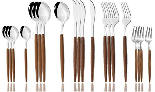 JASHII 20 Pieces Wood Stainless Steel Cutlery Set Wooden Handle Flatware Set Knife Fork Spoon, Kitchen Utensil Service for 4, Mirror Polished - Silver