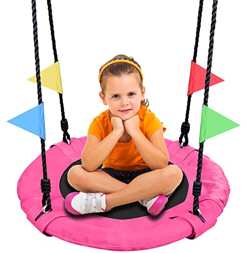 Odoland 24 Kids Tree Swing - Outdoor Small Saucer Swings with 900D Oxford Fabric, Backyard Play Equipment for Children Ages 3-12 Pink
