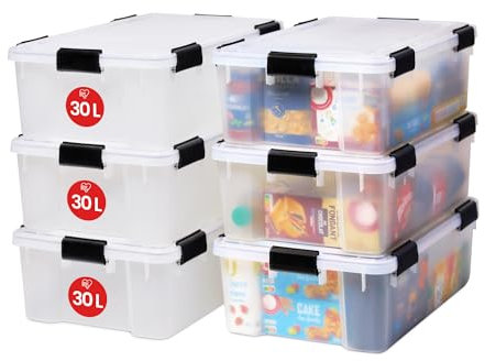 Iris Ohyama Luftdichte Kunststoff-Aufbewahrungsboxen mit Deckel, 30L, 6er-Set, Transparent, Hermetischer wasserdichter Verschluss, Robuste Schnappverschlüsse, Stapelbar, Staubschutz, BPA-frei, AT-LS