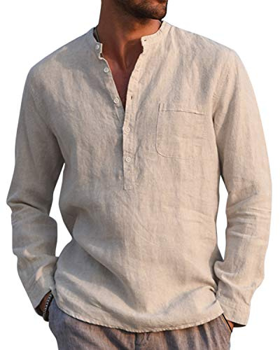 Kvruhuiy Men's Summer Cotton Shirt Linen Long Sleeve Henley Shirts Casual Beach Top Shirt Khaki M