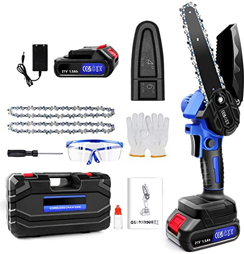 21V Mini Motosierra Bateria 6 Motor sin Cepillo, 2200RPM Motosierra Eléctrica Bateria Inalámbrica Portátil, Diámetro de corte 0-80 mm, para Podar Árboles de Jardinería