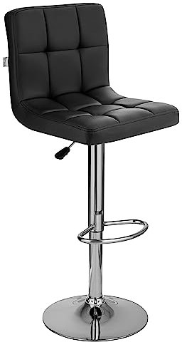 Baroni Home gepolsterter Barhocker oder Küchenhocker, verstellbar und drehbar um 360°, mit Rückenlehne und Fußstütze, Gestell aus verchromtem Stahl, Schwarz Kunstleder, 1 Stück