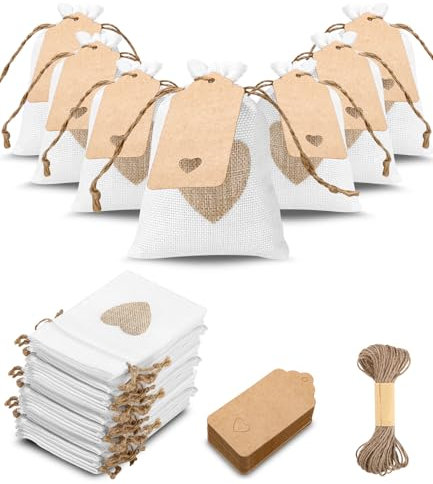 Huifoo 32 Stück Jutesäckchen Kleine Säckchen,10x4CM Geschenksäckchen mit Herz Jutebeutel,mit Kordelzug,32 Stück Geschenkanhänger und 10m Hanfseil,Tasche für Hochzeitsgeschenke,Party,Schmuckbeutel