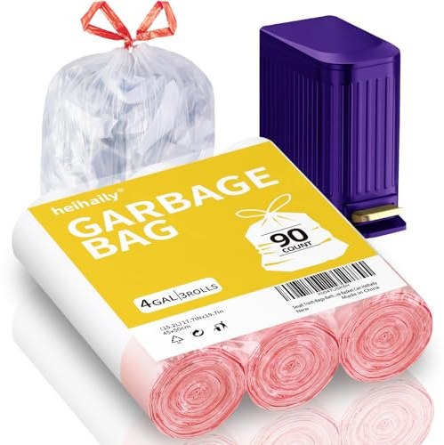 Small Trash-Bags-Bathroom 4 Gallon Drawstring Garbage-Bag - Kitchen Bedroom Car Size Unscented Clear White 90 Count Recycle Plastic Tall Liners for Office Outdoor Garden Waste Basket Can Heihaily