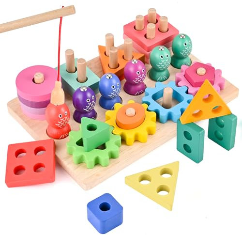Wooderma Montessori Spielzeug ab 1+ Jahr, Holz Angelspiel für Kleinkinder, Farbe Erkennung und Form Sortier, Stapelspielzeug Holzspielzeug, Motorikspielzeug Lernspielzeug, Kinderspielzeug Geschenk