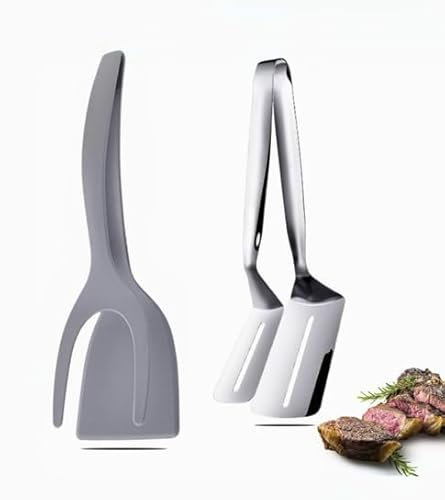 suerteFOR 2 Stück Zange Küche - Grillzange Edelstahl 2-in-1 Design, Küchenzange Silikon, Lebensmittelechter Edelstahl 304, Überschüssiges Fett Zurück in Den Topf für Gesünderes Essen