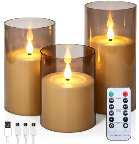 FREEPOWER Juego de 3 velas LED recargables con mando a distancia, temporizador, parpadeo, luz blanca cálida. Velas cilíndricas eléctricas sin llama recargables por USB tipo C, cable incluido. En color