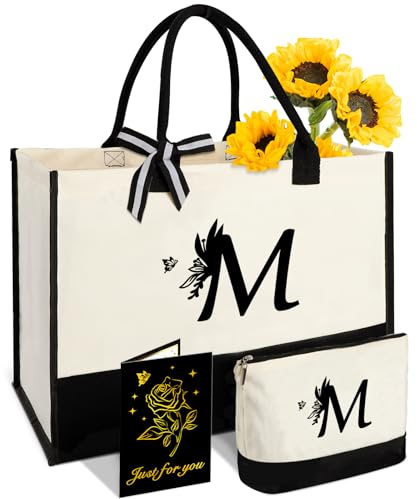 Personalized Gifts for Women - Initial Canvas Tote Bag & Makeup Bag, Custom Bags for Beach, Christmas, Wedding, Birthday, Holiday, Monogram Birthday Gifts for Women, Mom, Wife, Teacher, Friend-M