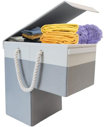 16”L x 10”W x 16”H Stair Basket Foldable Linen Storage Organizer with Toplid for Carpeted Stairs & Wooden Staircases, 3 Foldable Sections Storage Staircase basket for Toys, Clothes, with Hard Board