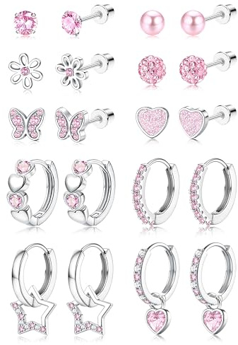 LOLIAS 10 Paires Boucles d'oreilles pour Fille Femmes Acier Inoxydable Creoles Hypoallergéniques Coeur Perle Fleur Papillon Étoile Rose Boucle d'oreille Enfant Fille Bijoux Cadeau Anniversaire